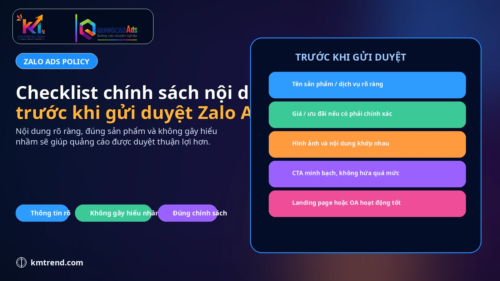 Checklist chính sách nội dung trước khi gửi duyệt Zalo Ads